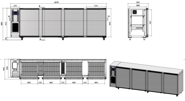 TAVX/4G-R2 (25) Kühlpult Getränkekühler Flaschenkühlschrank, Edelstahl, 4 Glastüren, 783 Liter